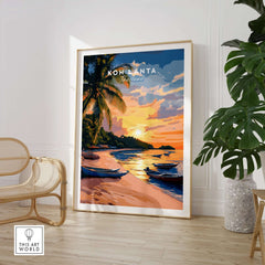 Koh Lanta Travel Print featuring a beautiful sunset and beach scene with boats and palm trees.