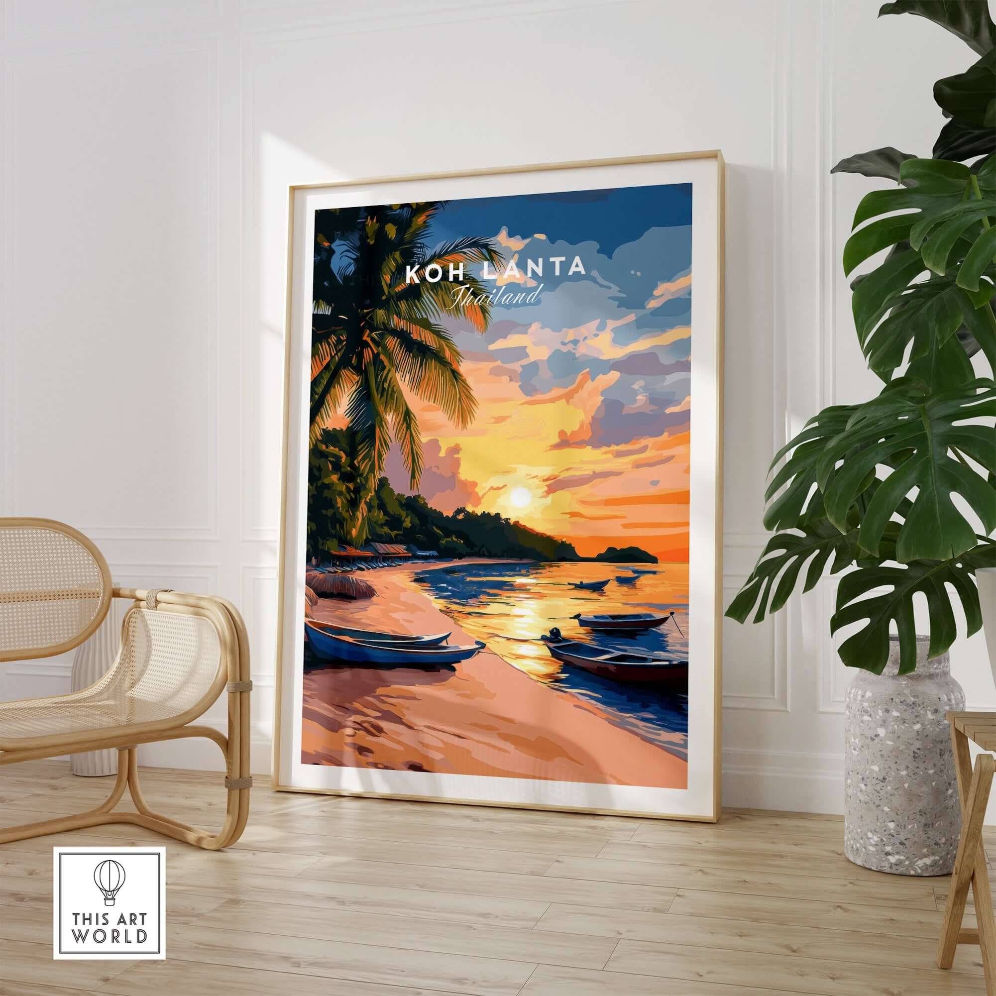 Koh Lanta Travel Print featuring a beautiful sunset and beach scene with boats and palm trees.