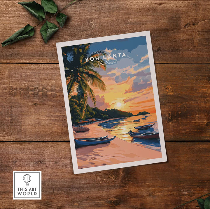 Koh Lanta travel print showcasing a tropical sunset scene on the beach with boats, perfect for home decor inspiration.