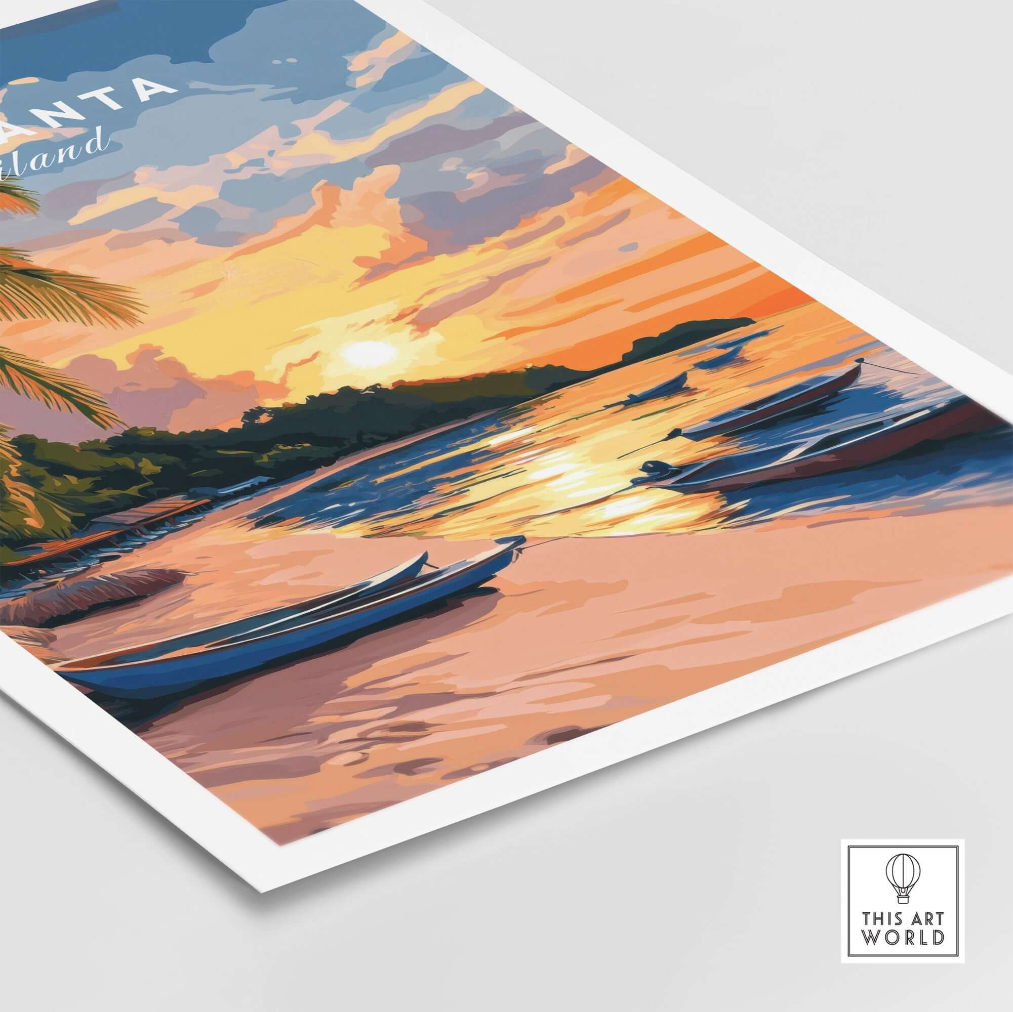 Koh Lanta Travel Print showcasing a vibrant sunset over the water with tropical boats and palm trees.