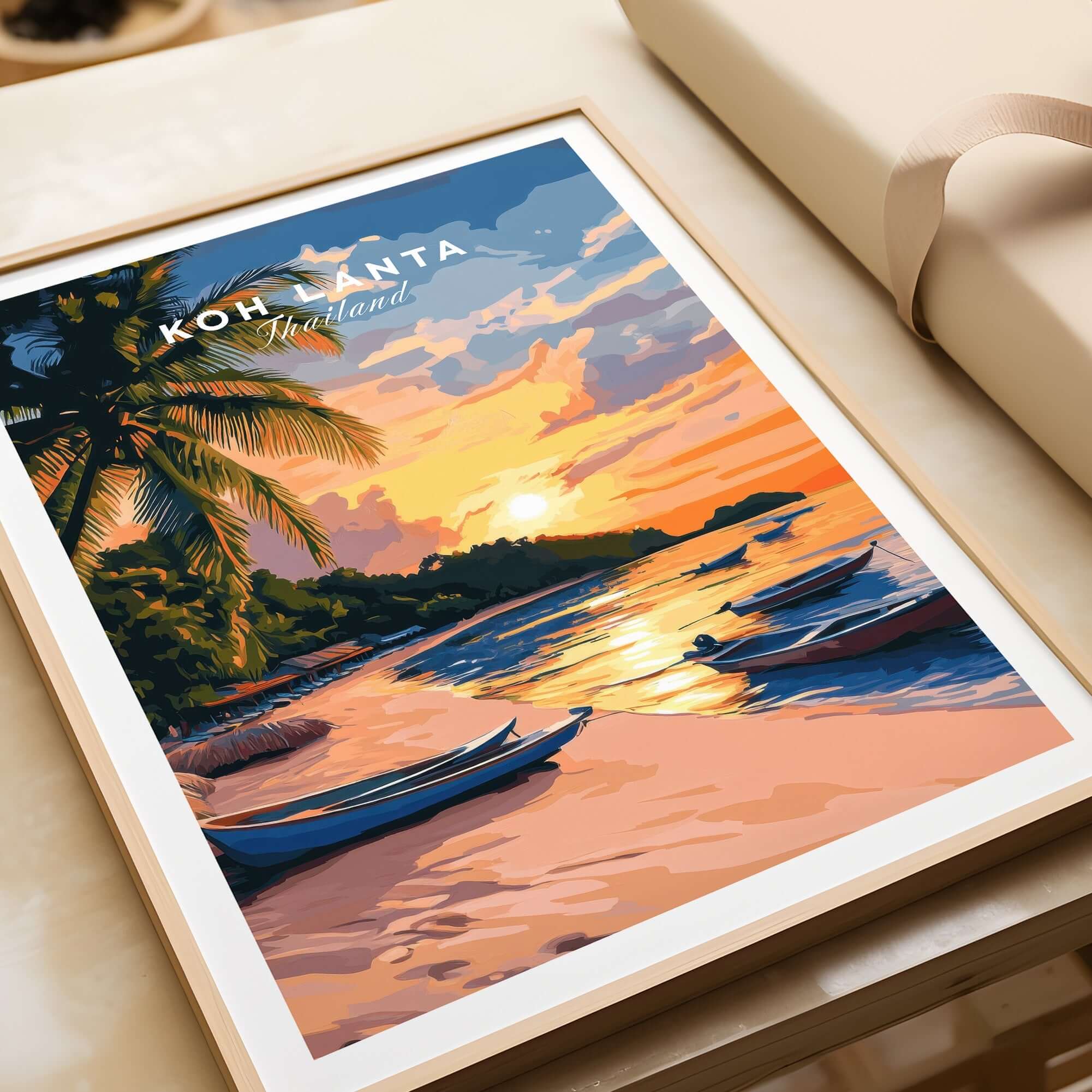 Koh Lanta Travel Print showcasing a serene sunset over the beach with boats, perfect for home decor.