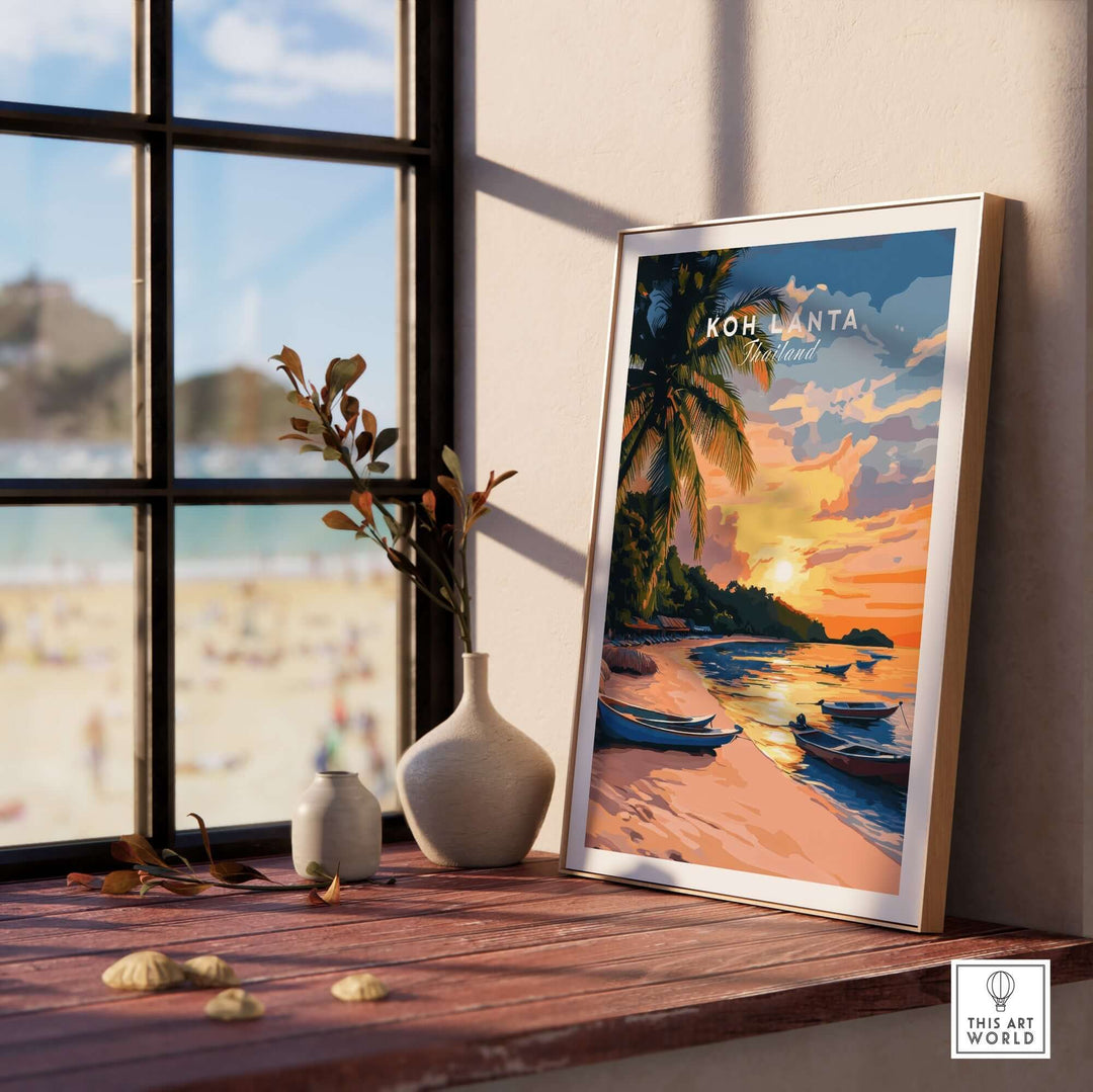 Koh Lanta travel print depicting a serene sunset beach scene with boats, perfect for home decor and inspiration.