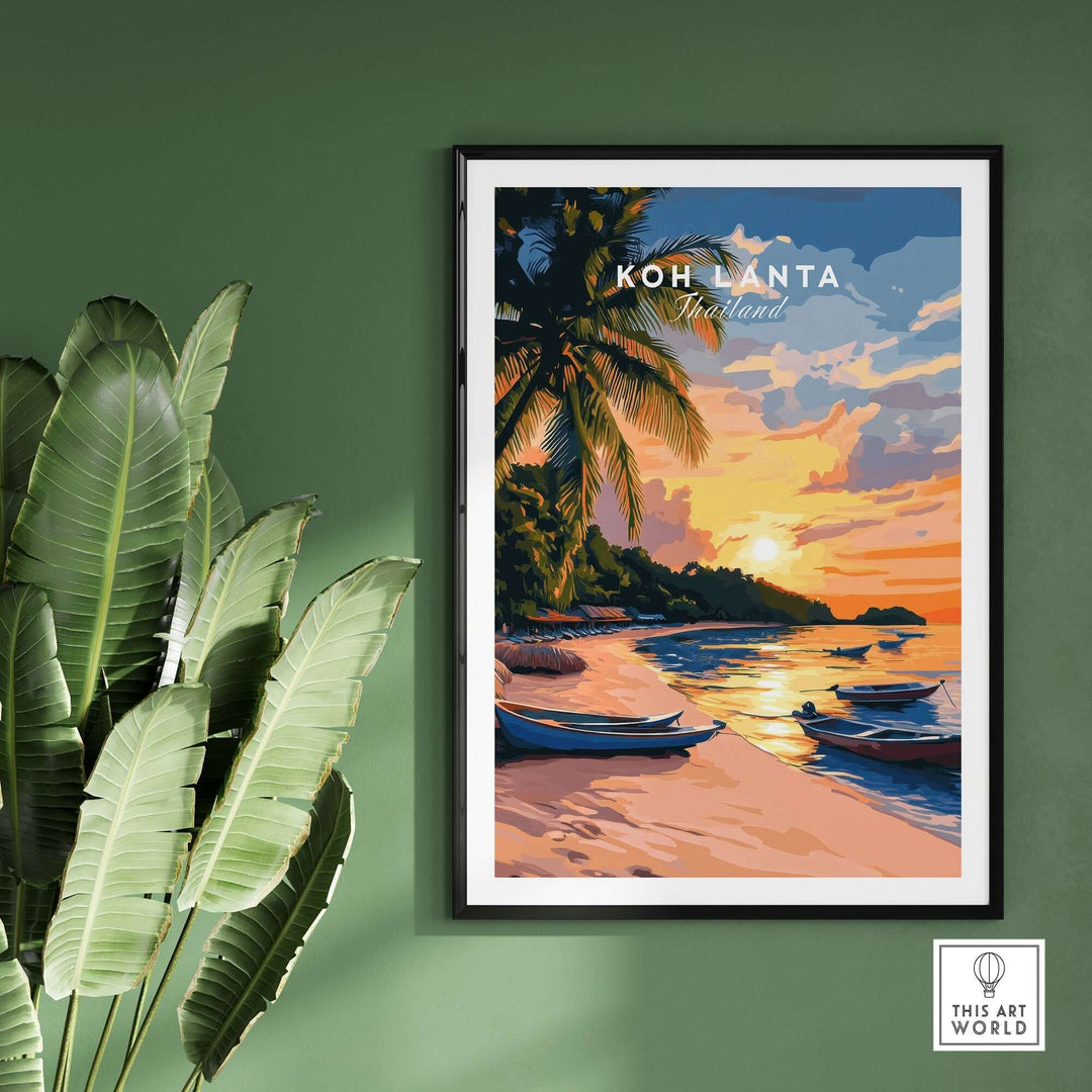 Koh Lanta travel print showcasing a sunset beach scene in Thailand, surrounded by tropical plants and boats.