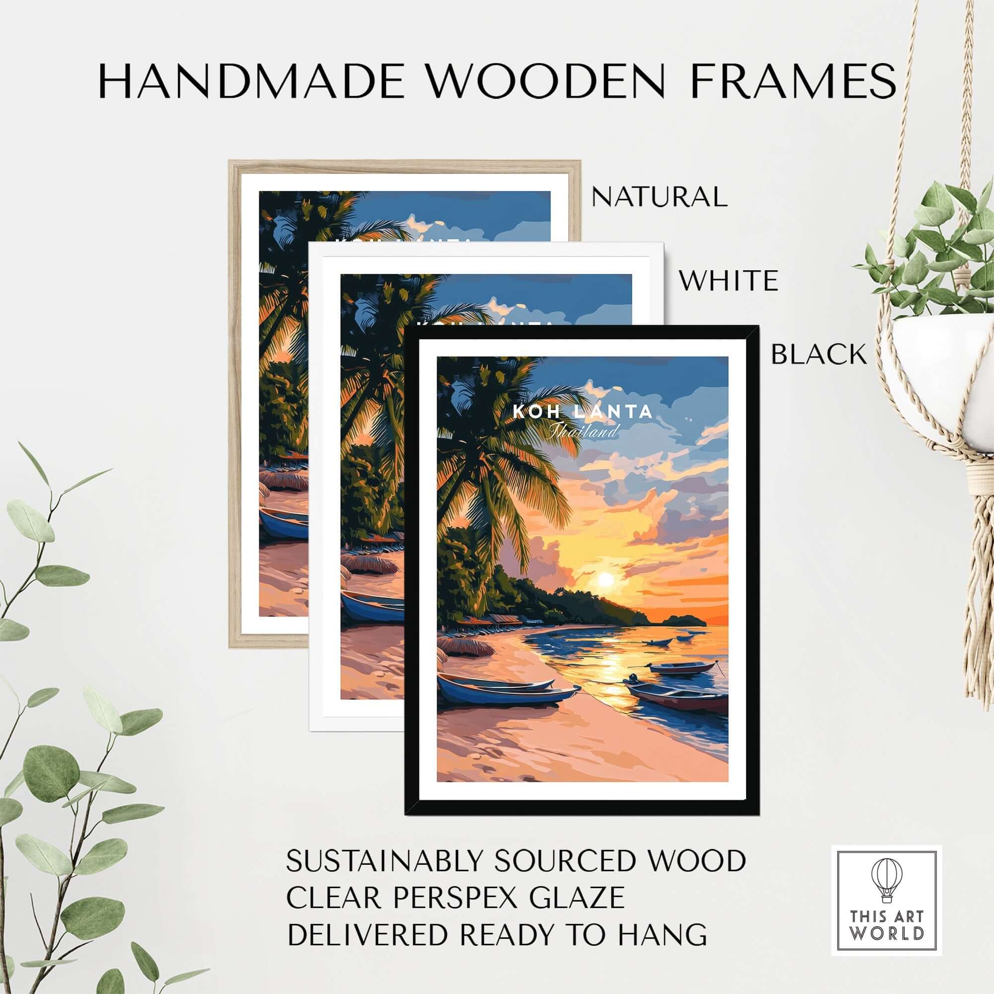 Koh Lanta Travel Print in handmade wooden frames: natural, white, and black options for home decor.