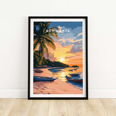 Koh Lanta Travel Print featuring a stunning sunset over the beach and boats in Thailand.