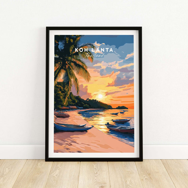 Koh Lanta travel print showcasing a serene sunset beach scene in Thailand with palm trees and boats, perfect for home decor.