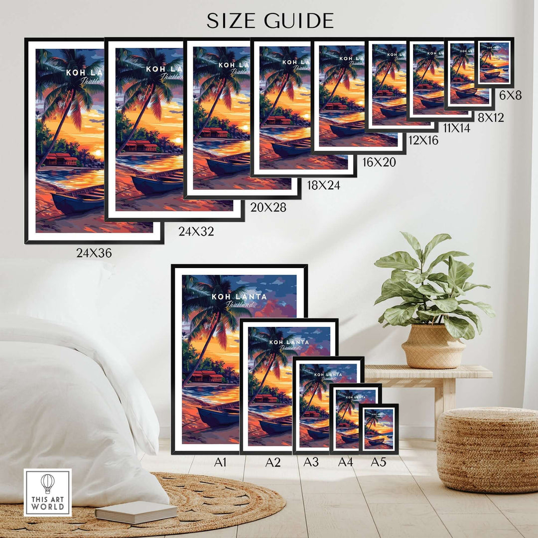 Size guide for Koh Lanta Wall Art showcasing various frame sizes and vibrant tropical design options in a home setting.