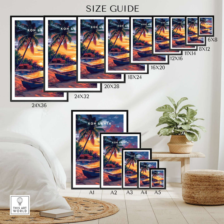 Size guide for Koh Lanta Wall Art showcasing various frame sizes and vibrant tropical design options in a home setting.