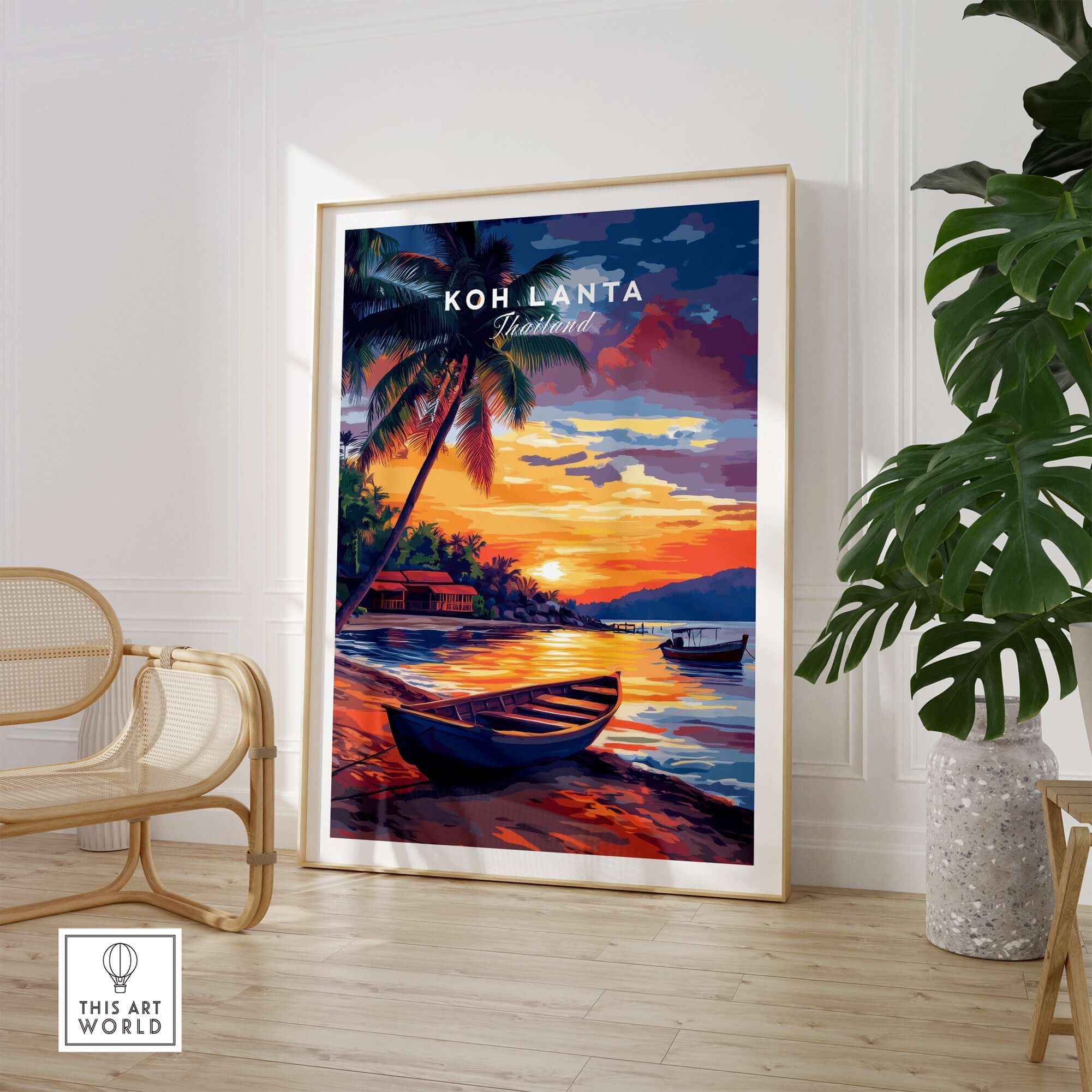 Koh Lanta Wall Art featuring a vibrant sunset and boat, perfect for creating a serene home decor atmosphere.