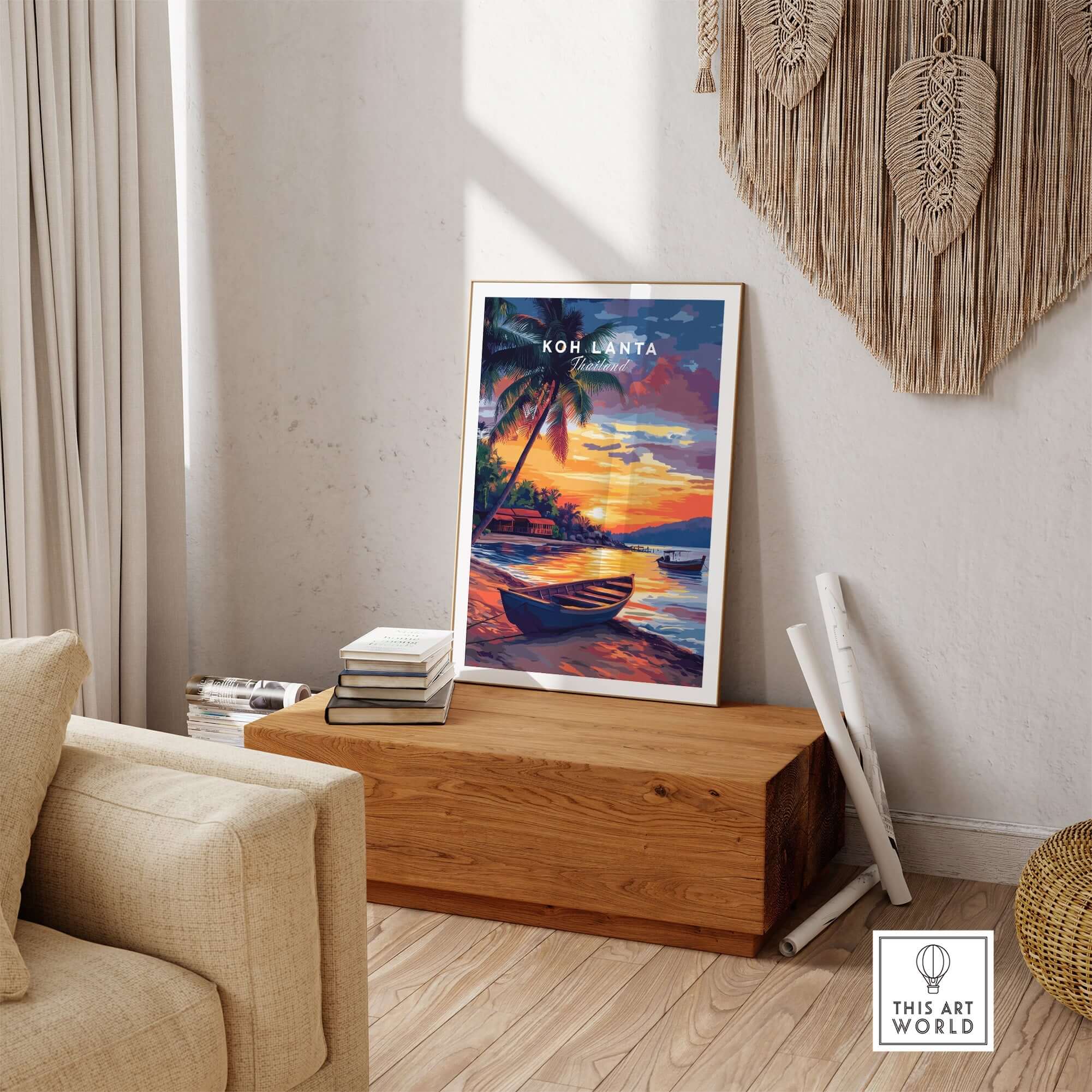 Koh Lanta Wall Art displayed in a cozy living room setting with vibrant colors and a tranquil beach scene.