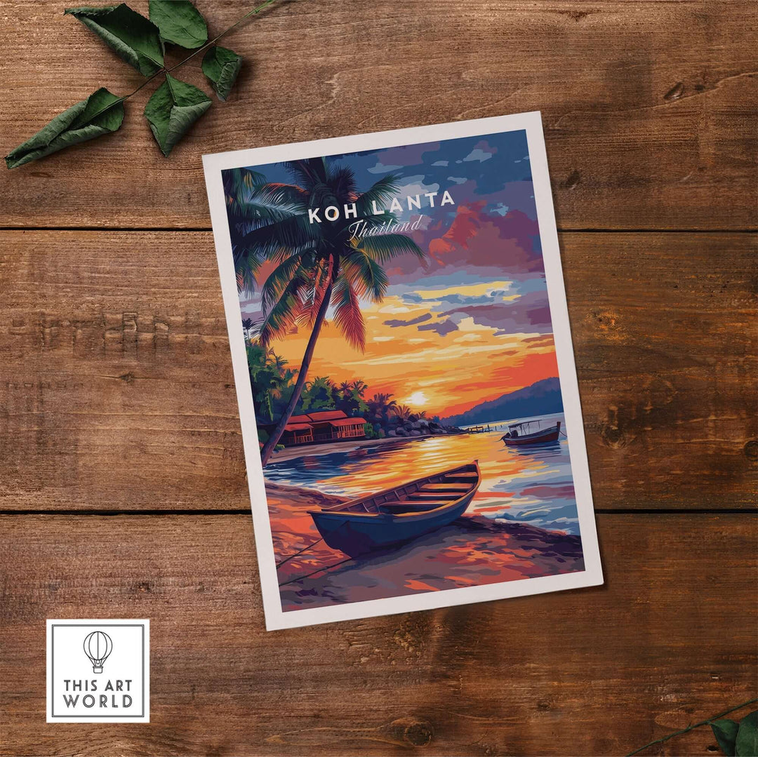 Koh Lanta wall art featuring a serene sunset over the water with palm trees and boats, perfect for home decor.