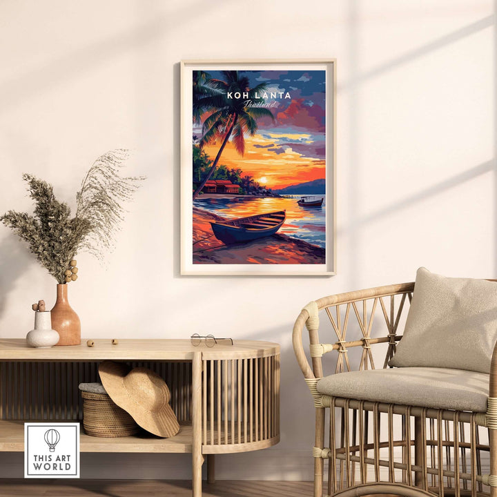 Vibrant Koh Lanta wall art in a cozy living space, featuring a sunset view with boats and palm trees.