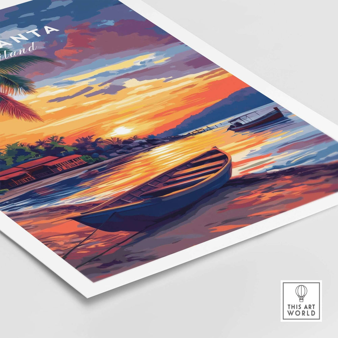 Koh Lanta wall art featuring a vibrant sunset over the ocean, with a boat and tropical scenery.