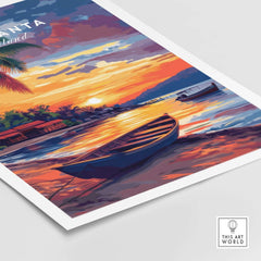 Koh Lanta Wall Art depicting a serene beach scene with vibrant sunset colors and a boat on the water.
