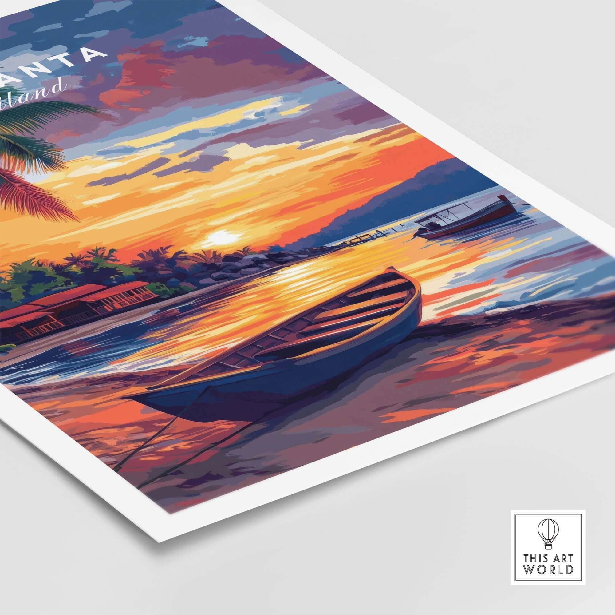 Koh Lanta Wall Art depicting a serene beach scene with vibrant sunset colors and a boat on the water.