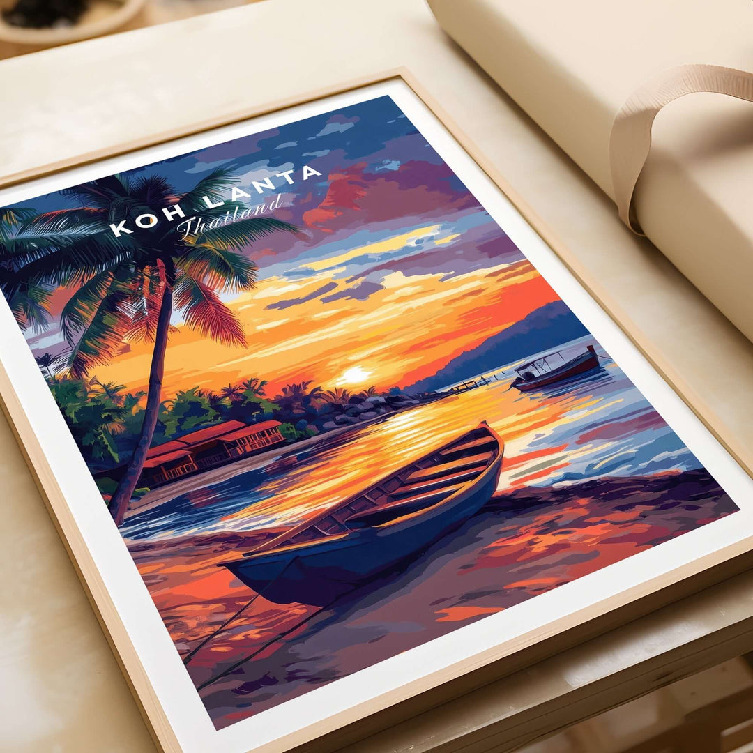 Vibrant Koh Lanta wall art featuring a sunset over a serene beach with palm trees and boats. Perfect for home decor.