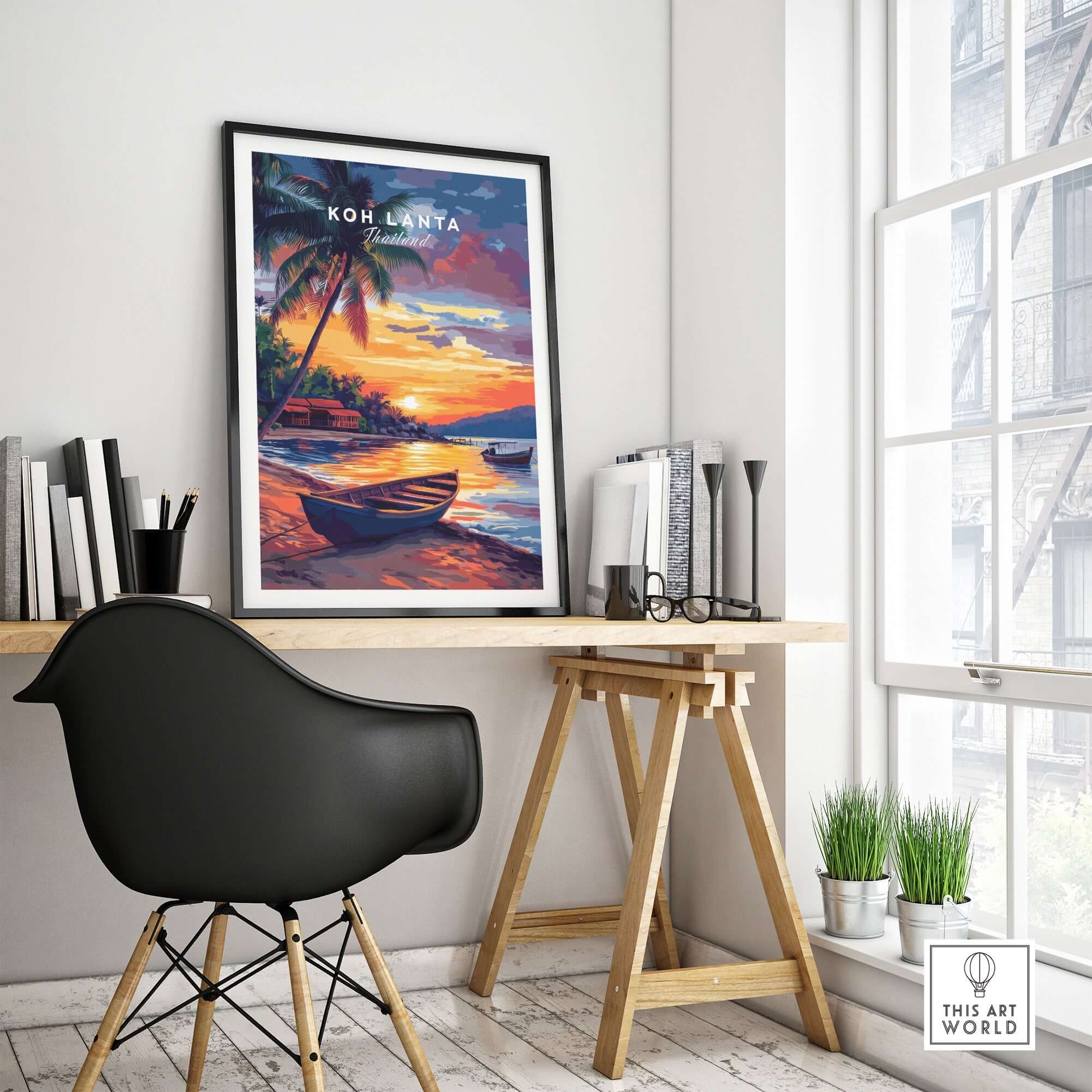 Koh Lanta Wall Art displayed in a cozy home office, featuring vibrant colors and a tropical sunset scene.