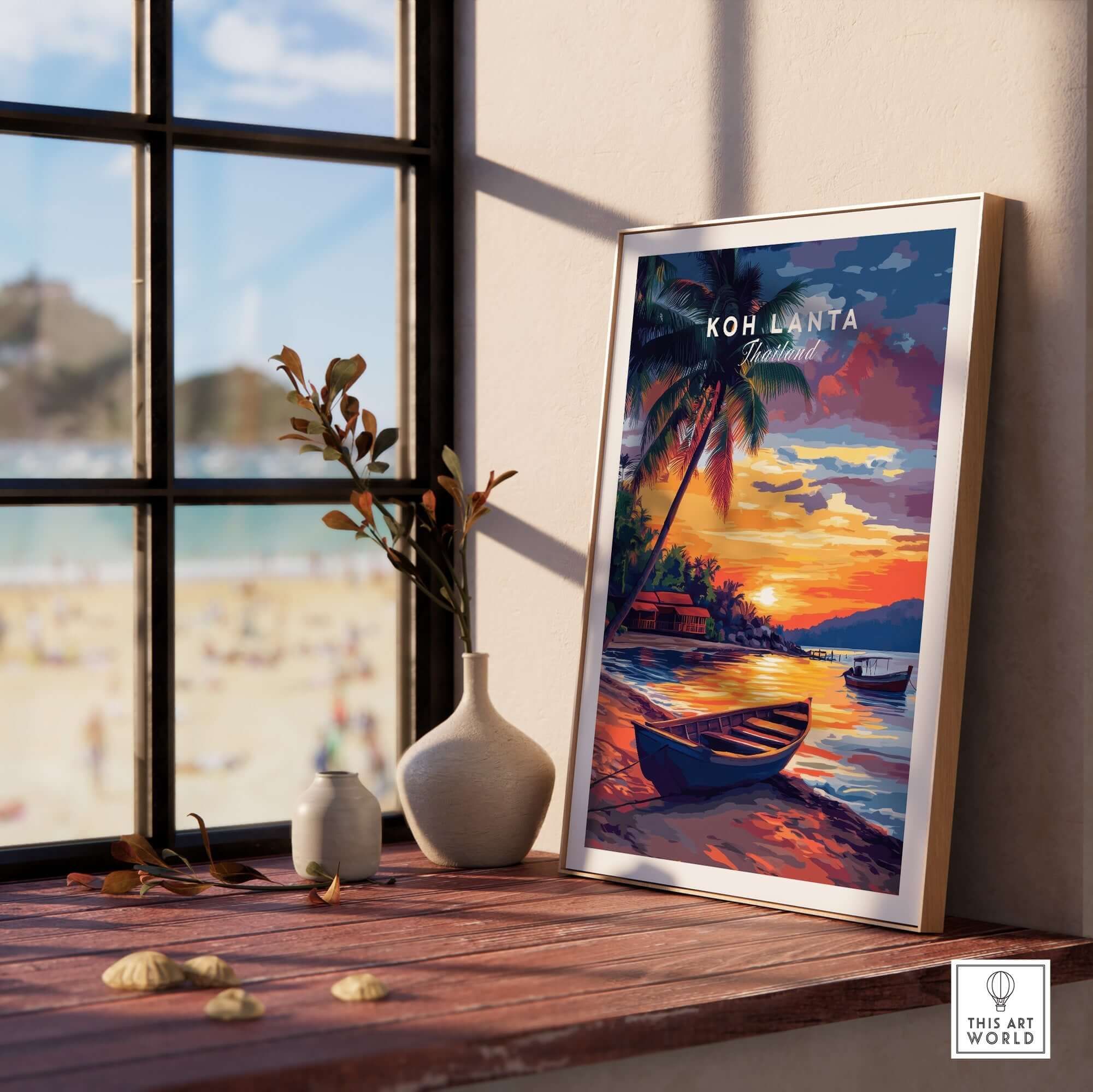 Koh Lanta Wall Art displayed on a windowsill with beach view, showcasing vibrant colors and tranquil nature design.