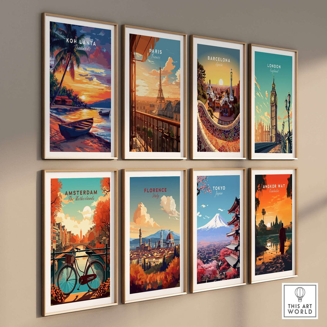 Wall art featuring vibrant cityscapes including Koh Lanta, Paris, London, Barcelona, and more, beautifully framed.