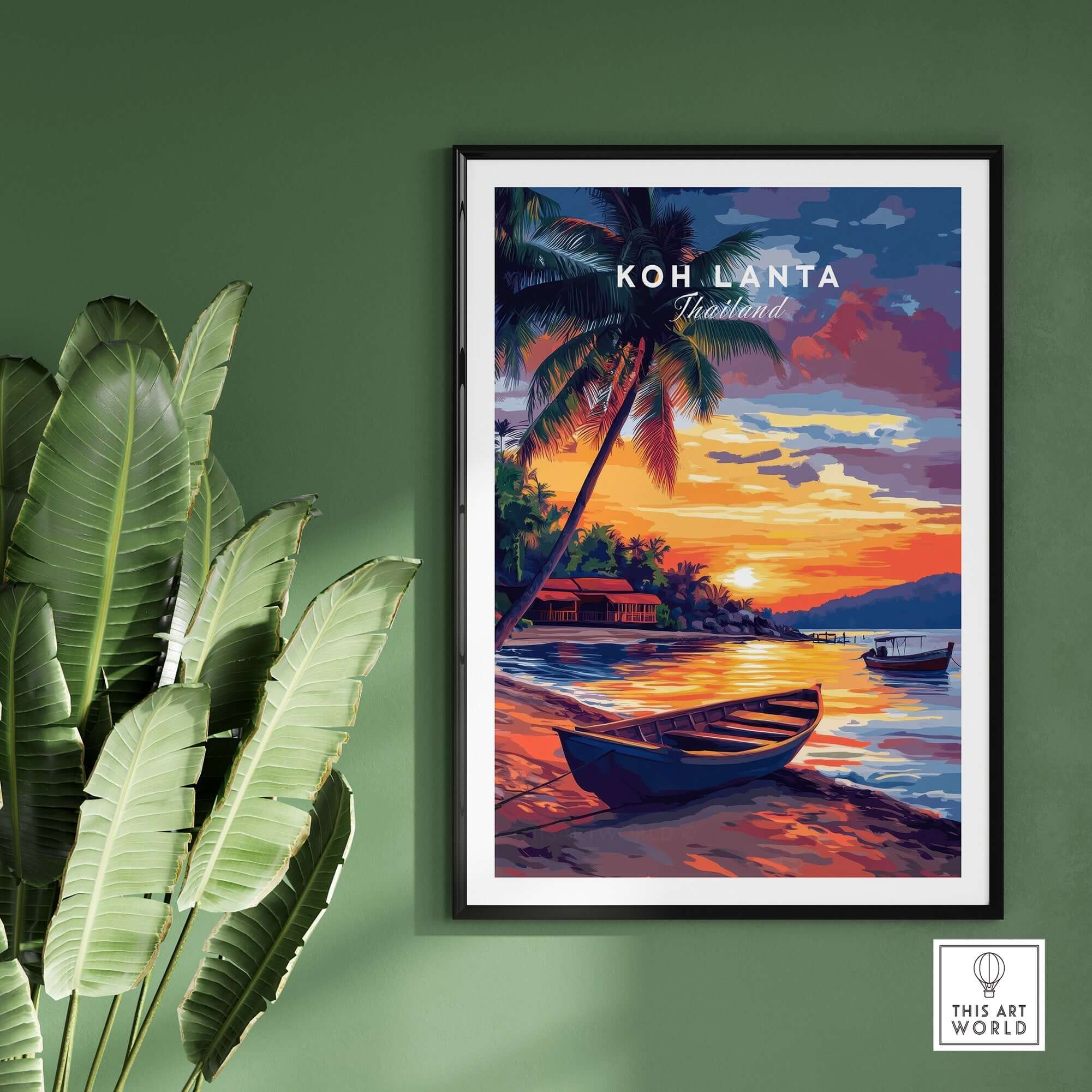 Koh Lanta Wall Art featuring a vibrant sunset over a tranquil beach scene with a boat and palm trees.