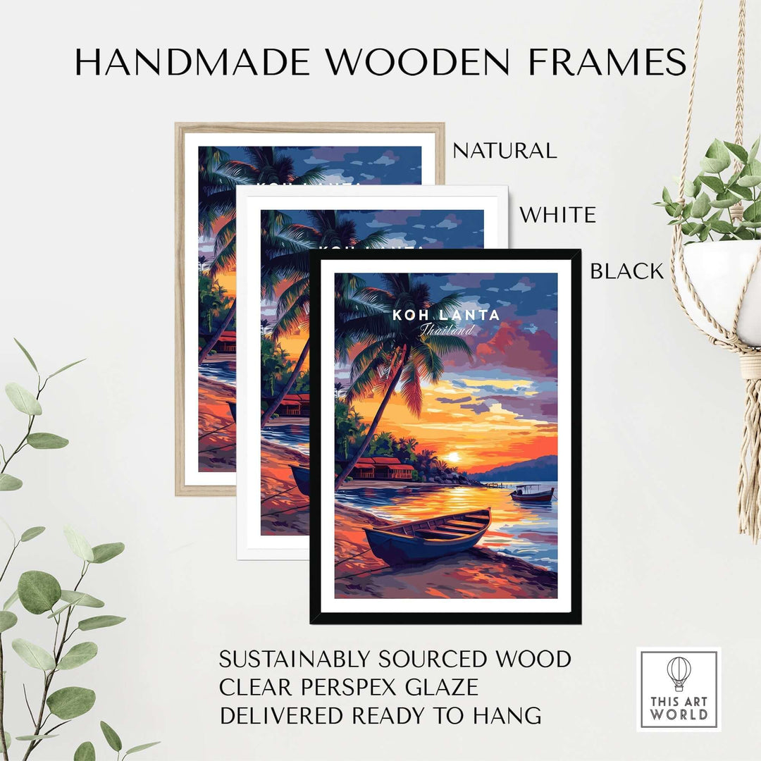 Handmade wooden frames for Koh Lanta wall art in natural, white, and black options, crafted from sustainably sourced wood.