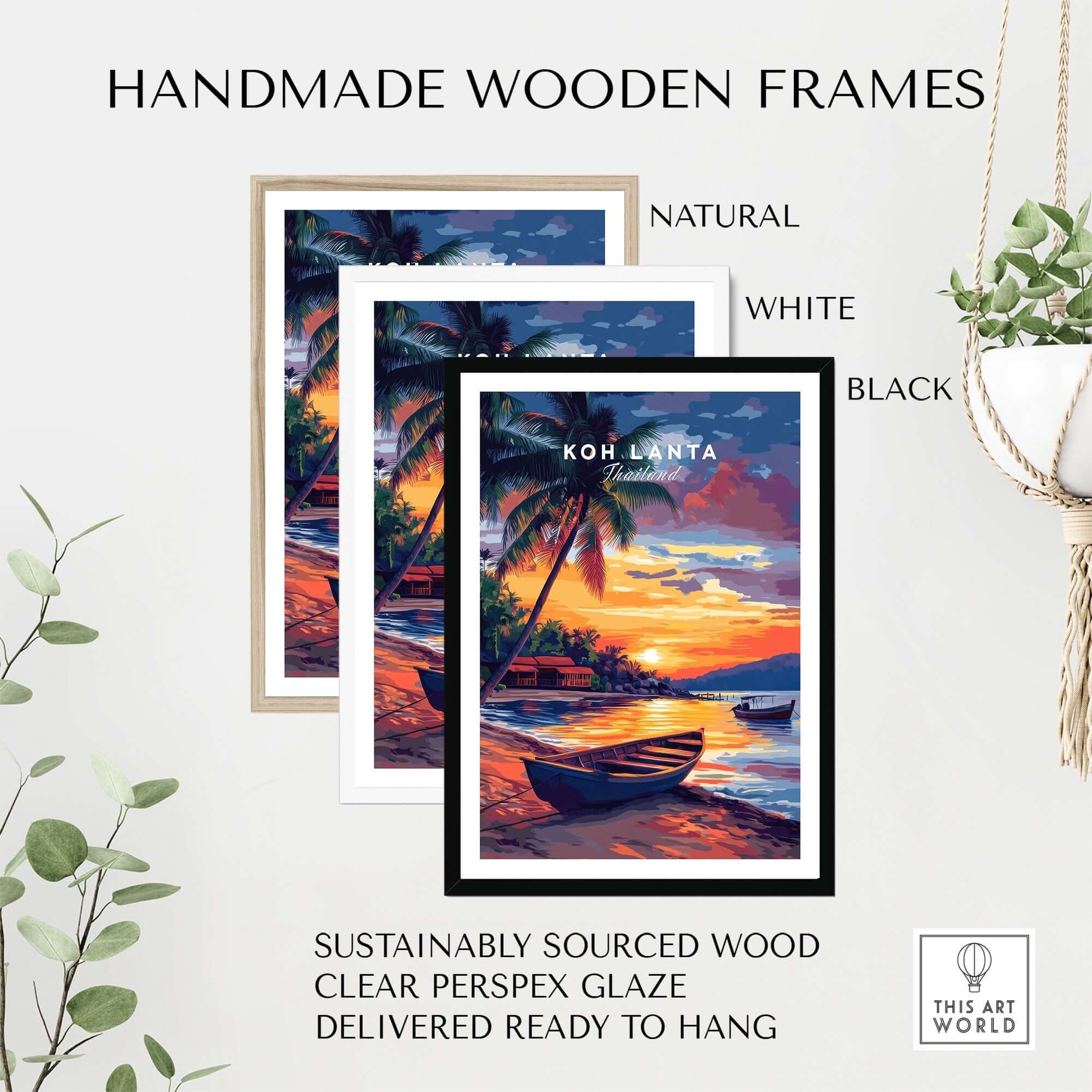 Koh Lanta Wall Art displayed in handmade wooden frames in natural, white, and black finishes.
