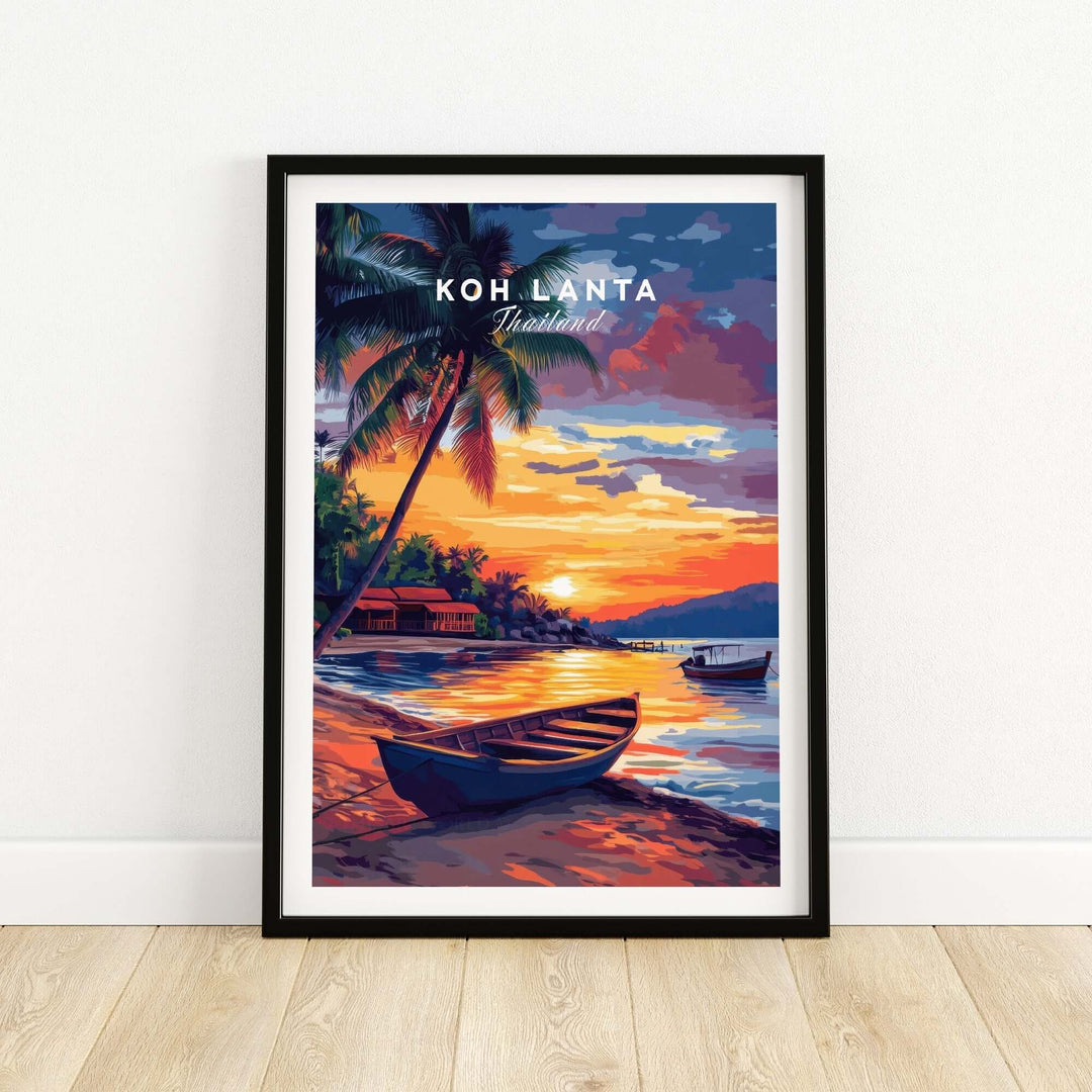 Koh Lanta wall art featuring a vibrant sunset over the water and a boat, perfect for creating a tranquil home atmosphere.