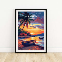 Koh Lanta Wall Art showcasing a vibrant sunset over the water with palm trees and a boat in Thailand.