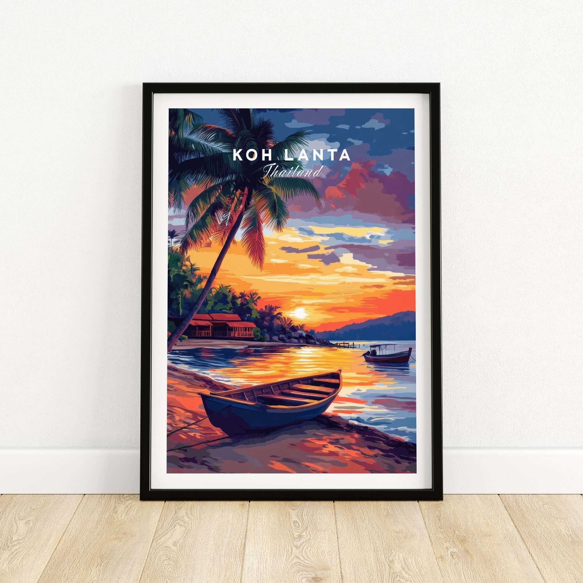 Koh Lanta Wall Art showcasing a vibrant sunset over the water with palm trees and a boat in Thailand.