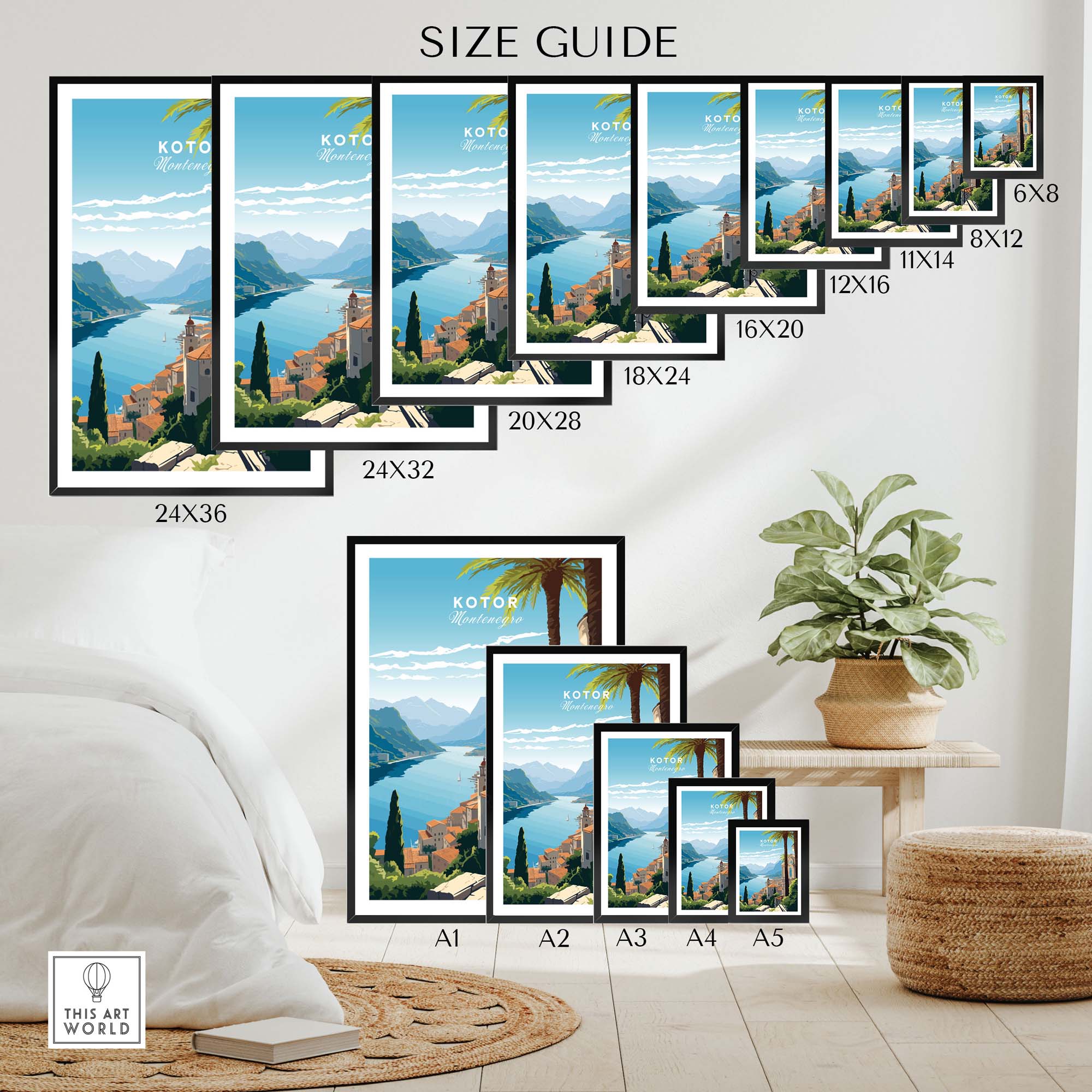 Size guide for Kotor Montenegro Print featuring various frame sizes in an interior setting.