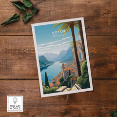 Kotor Montenegro print featuring a vivid landscape illustration of the bay and mountains, perfect for home décor.