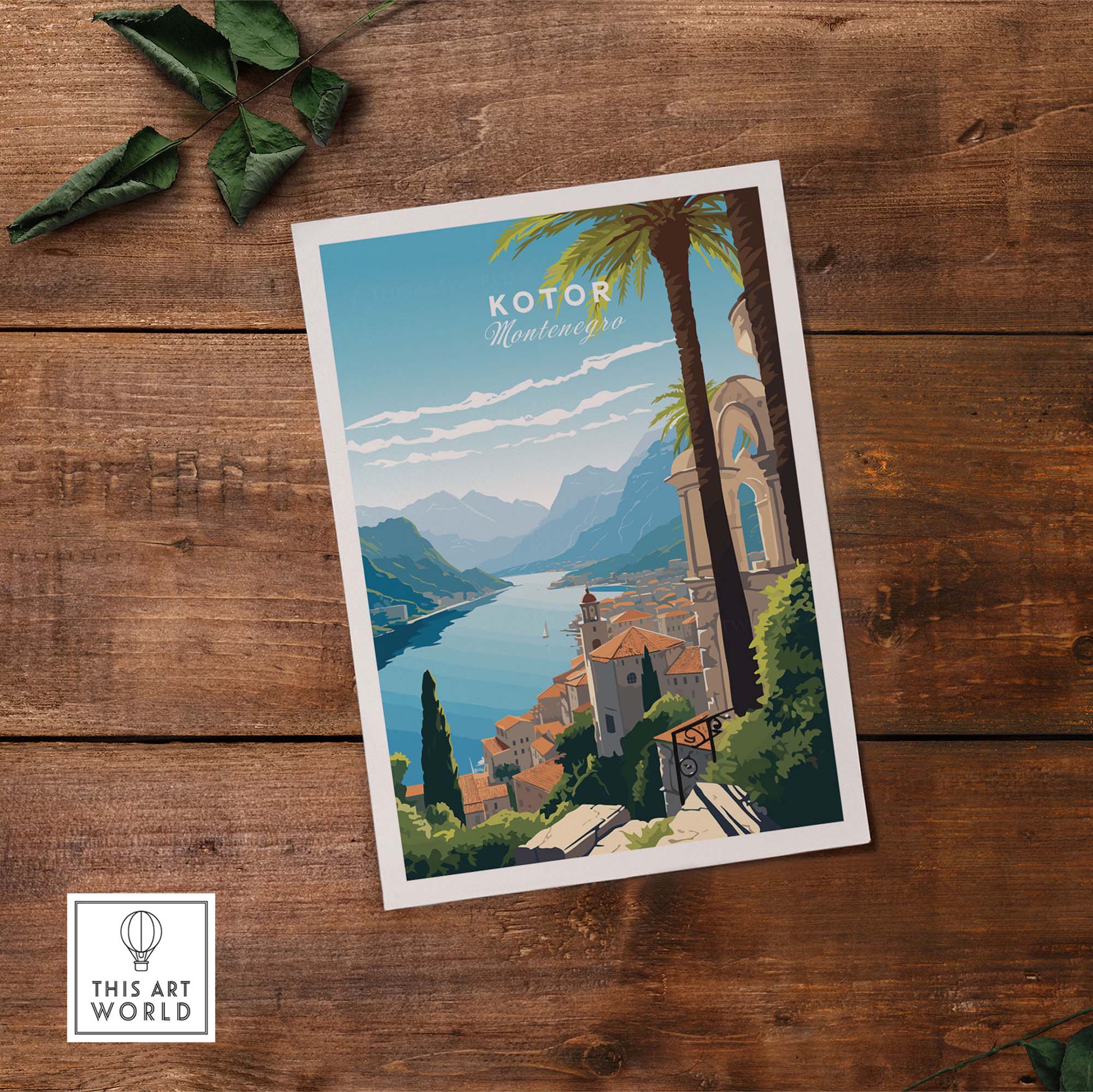 Kotor Montenegro print featuring a vivid landscape illustration of the bay and mountains, perfect for home décor.