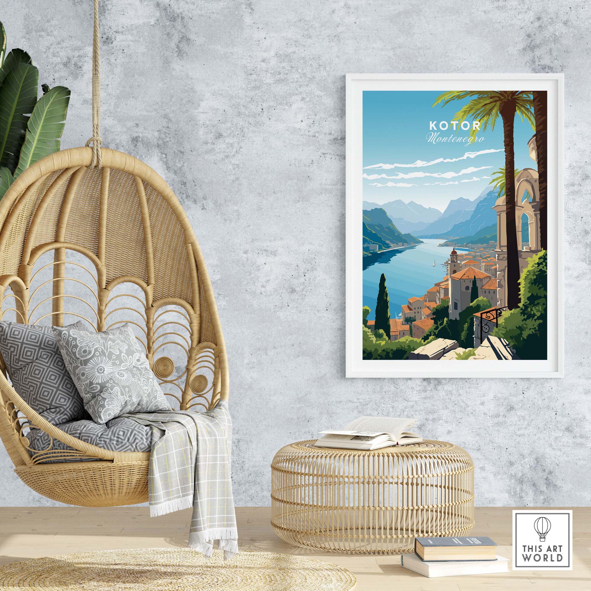 Kotor Montenegro travel poster print displayed in a cozy interior with hanging chair and stylish décor.
