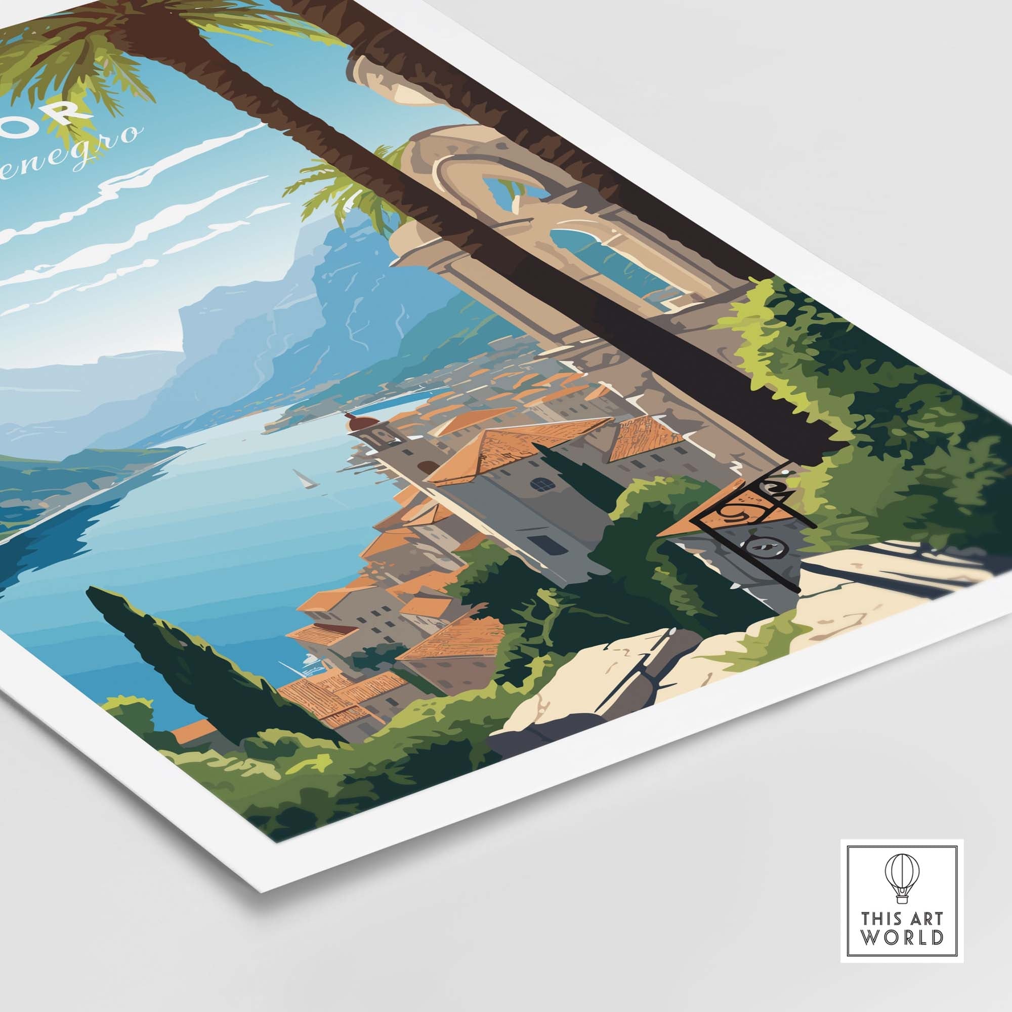 Kotor Montenegro print featuring scenic views of the bay, mountains, and historic architecture for vibrant wall décor.