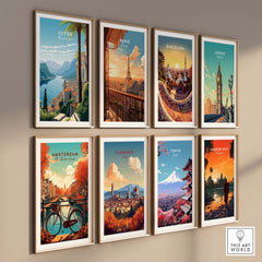 Gallery wall featuring vibrant travel poster prints of Kotor, Paris, Barcelona, London, and more.