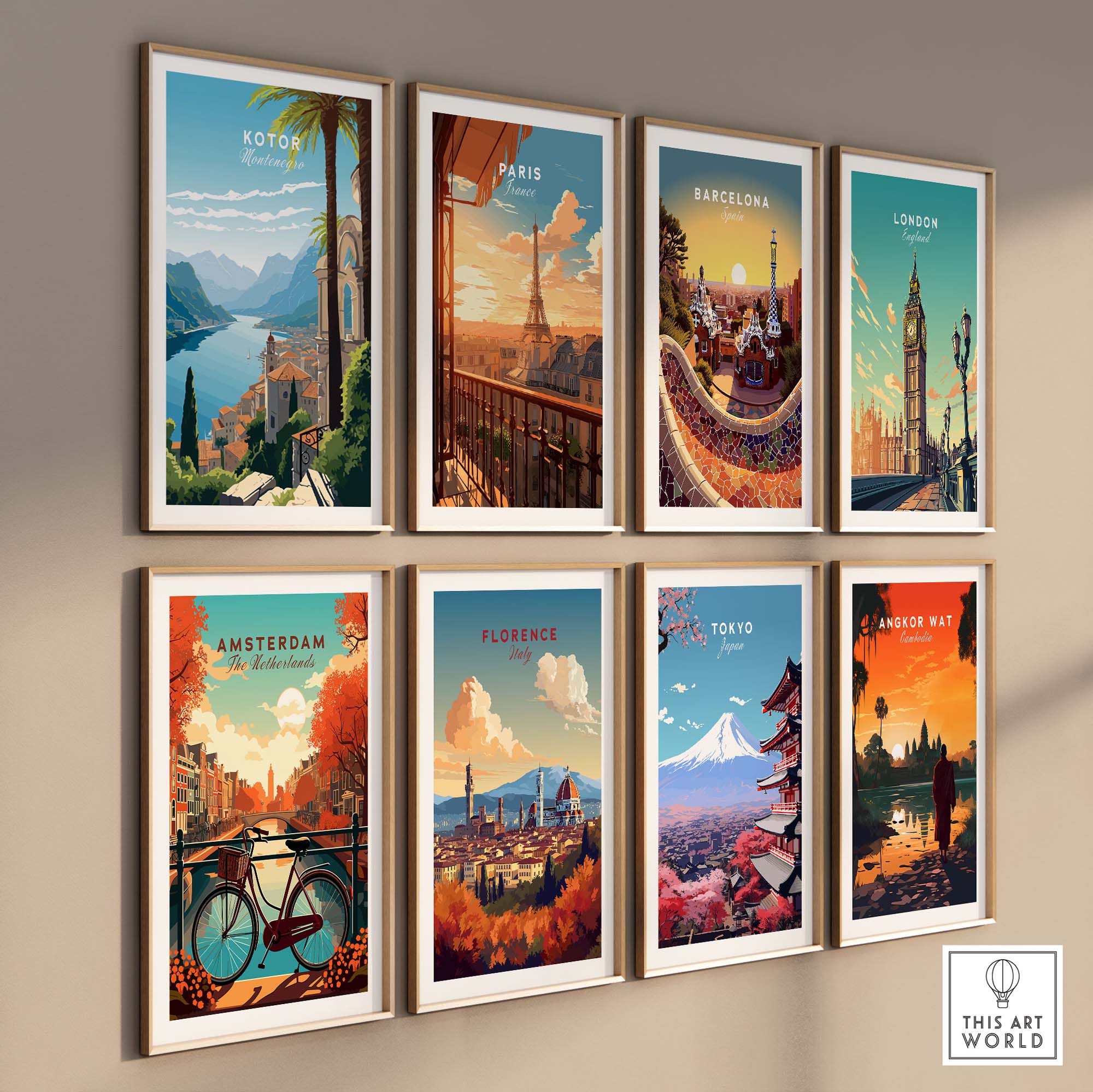 Gallery wall featuring vibrant travel poster prints of Kotor, Paris, Barcelona, London, and more.