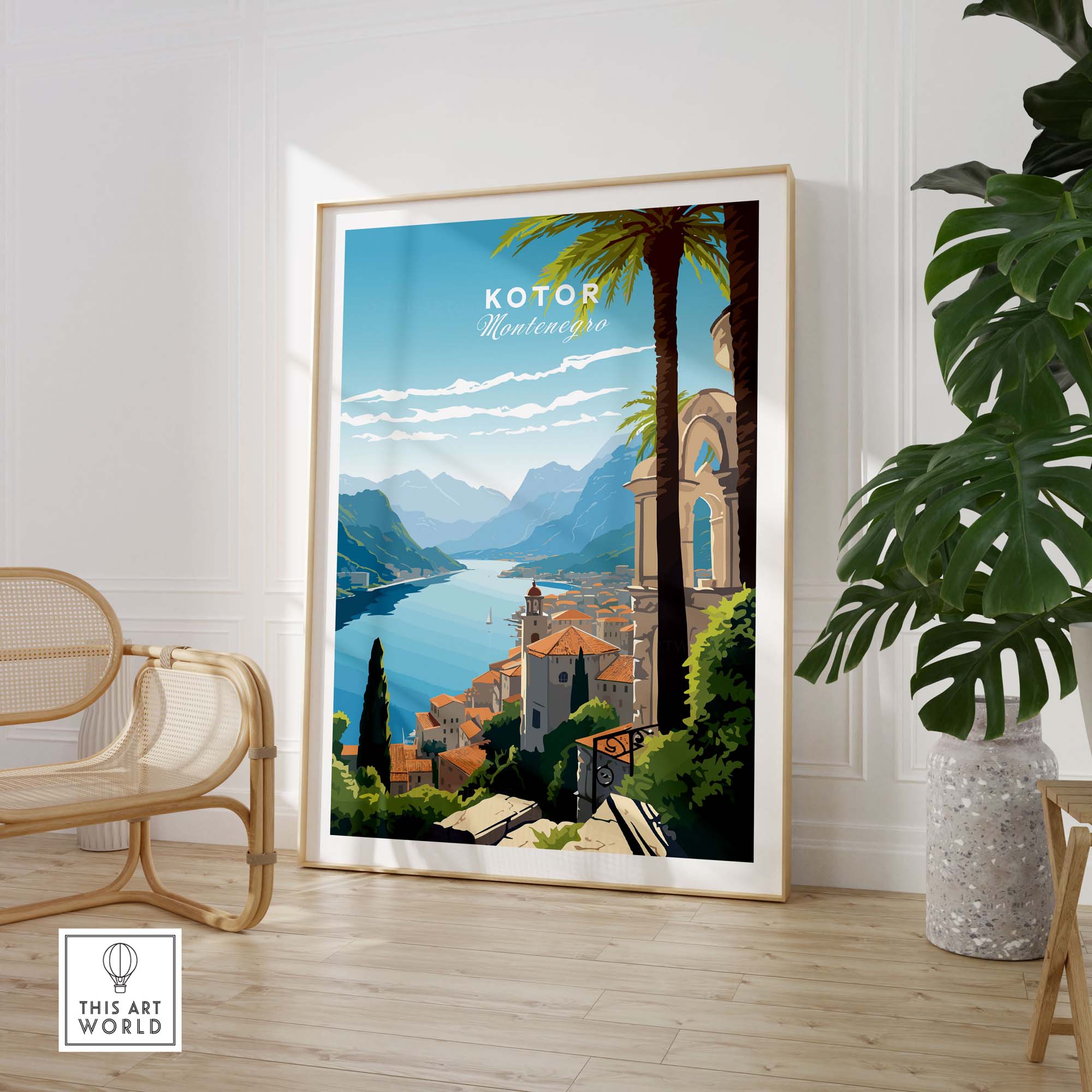 Stunning Kotor Montenegro travel poster print displayed in a stylish interior, featuring vibrant colors and scenic landscape.