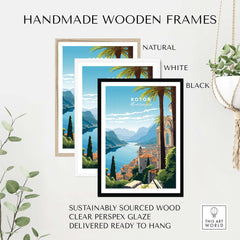 Handmade wooden frames for Kotor Montenegro print in natural, white, and black finishes, made from sustainably sourced wood.