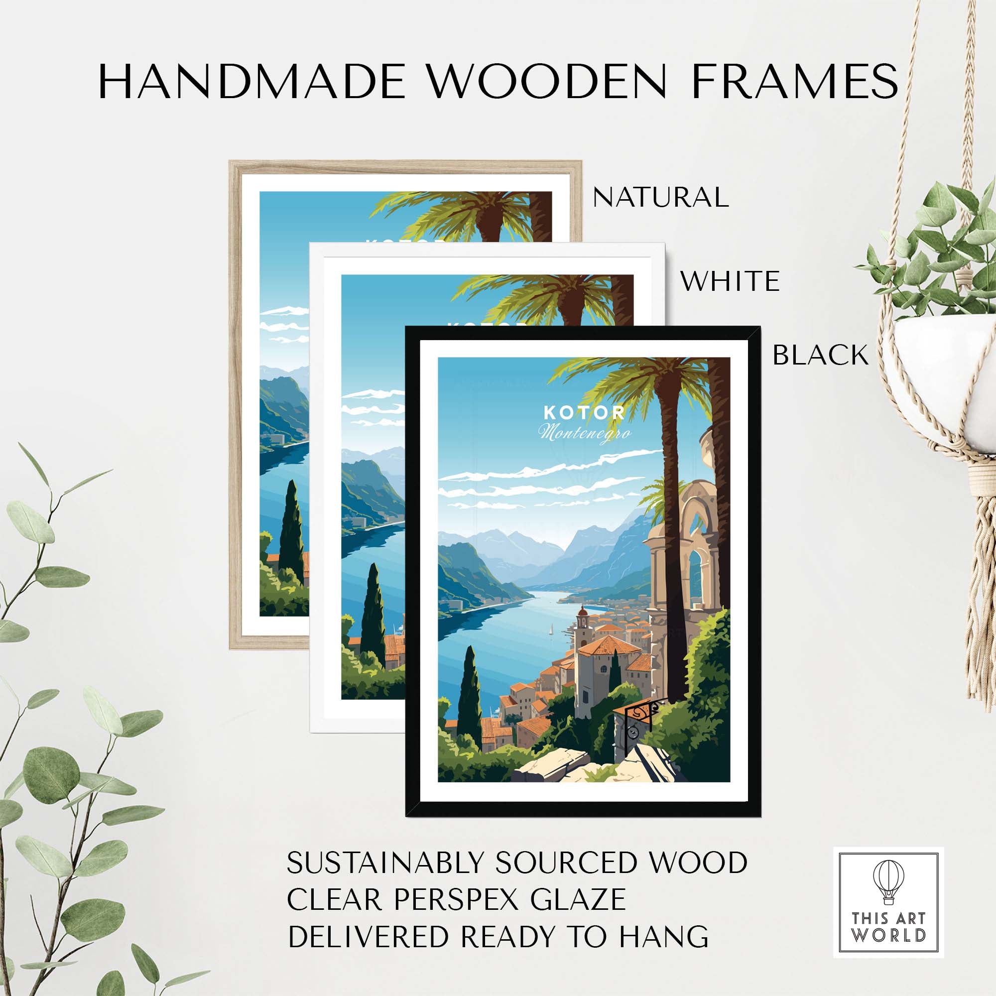 Handmade wooden frames for Kotor Montenegro print in natural, white, and black finishes, made from sustainably sourced wood.