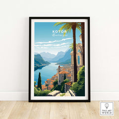 Stunning Kotor Montenegro travel poster print framing a picturesque coastal view with mountains and palm trees.