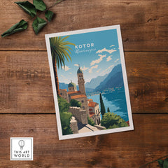 Kotor Montenegro travel poster print featuring scenic seaside view and architecture, vibrant wall décor for travel lovers.