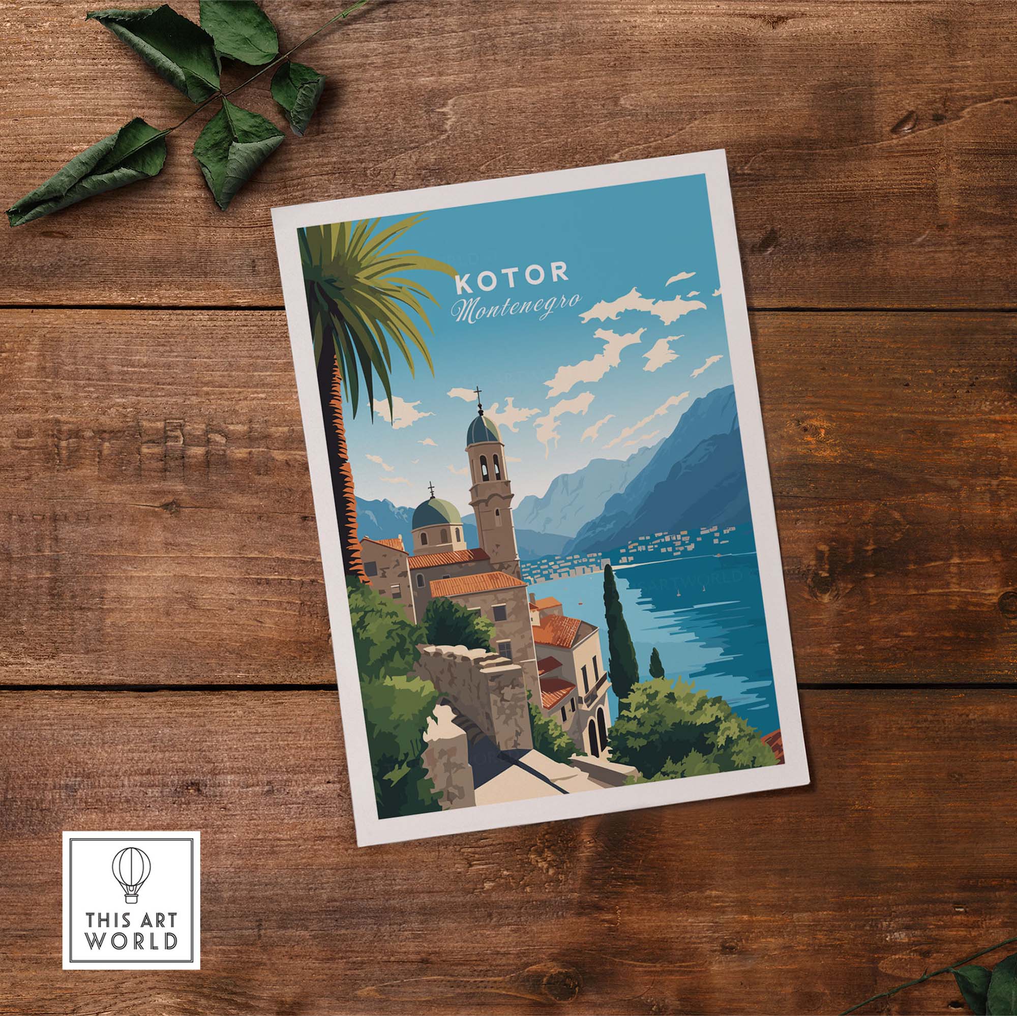 Kotor Montenegro travel poster print featuring scenic seaside view and architecture, vibrant wall décor for travel lovers.