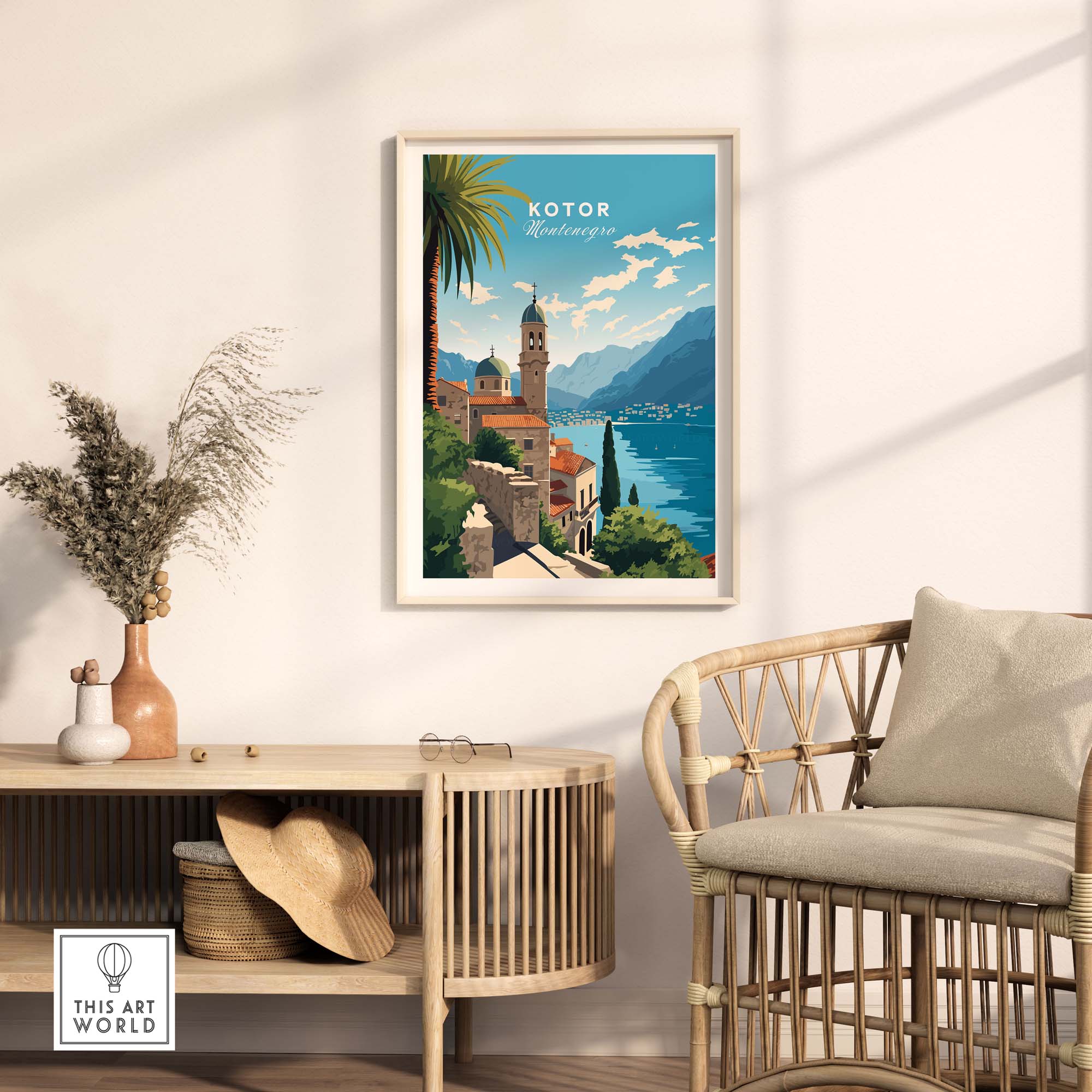 Vibrant Kotor Montenegro travel poster print displayed in a stylish living room setting.