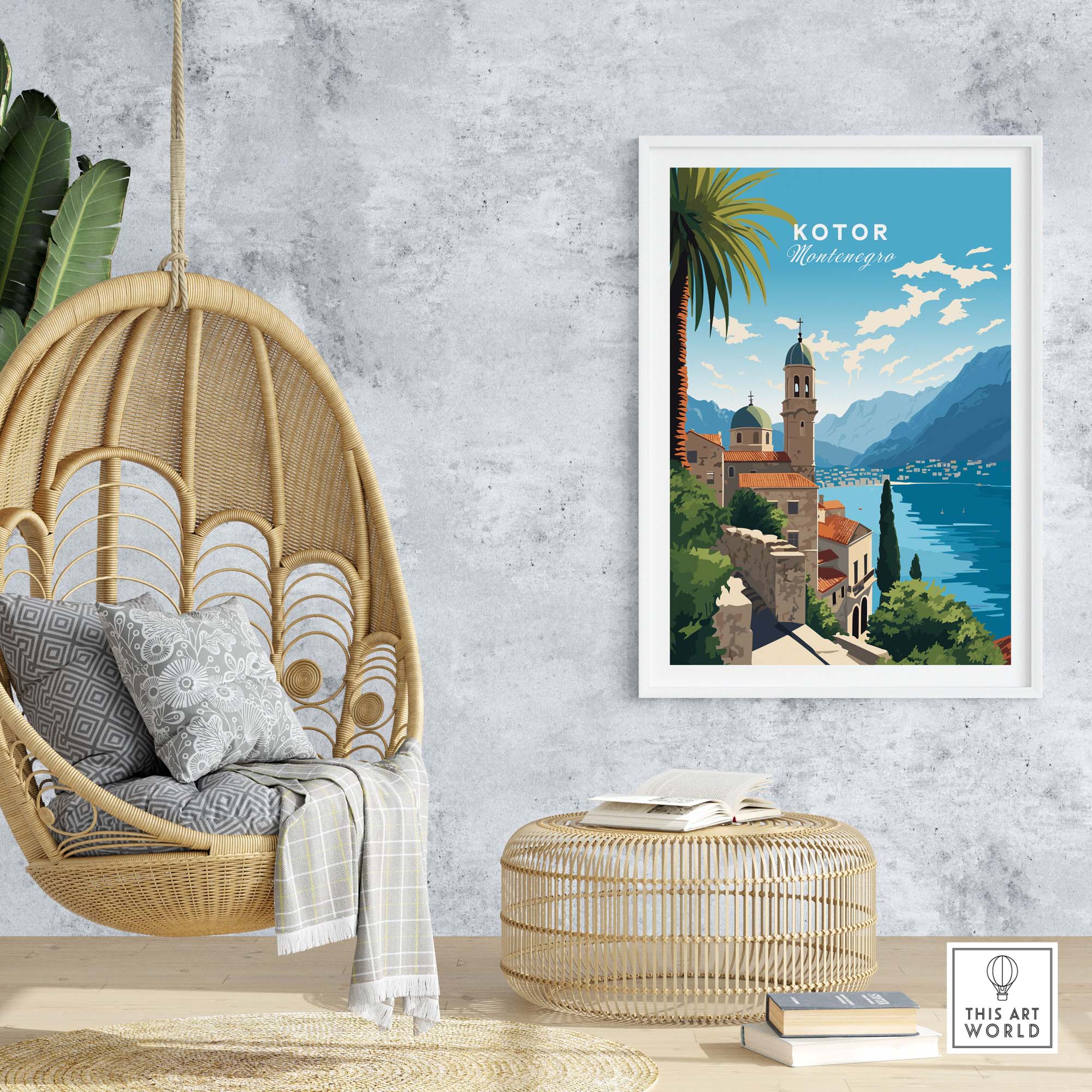 Kotor Montenegro Travel Poster Print displayed in a stylish interior with a rattan chair and modern decor.