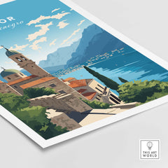 Vibrant Kotor Montenegro travel poster print showcasing coastal scenery and architecture.