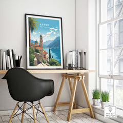 Kotor Montenegro Travel Poster Print displayed in a stylish room with a desk and chair, showcasing vibrant artwork.