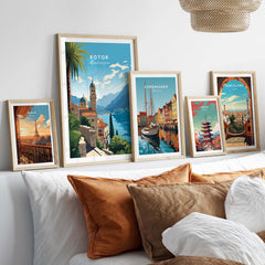 Kotor Montenegro travel poster print displayed in a stylish gallery-style arrangement on a wall.