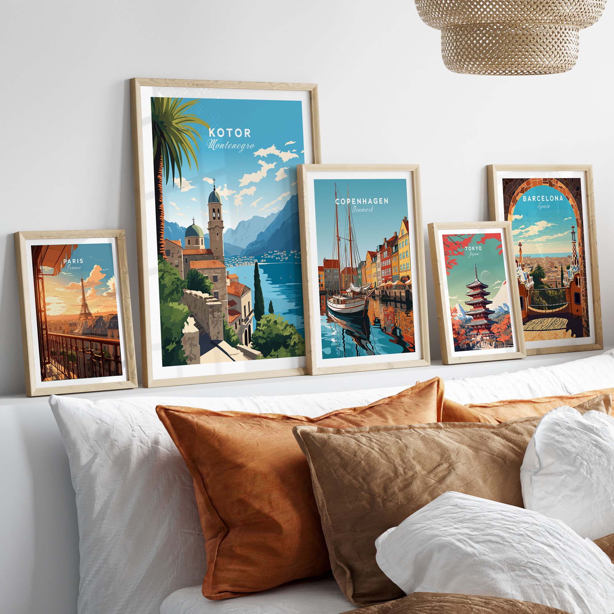 Kotor Montenegro travel poster print displayed in a stylish gallery-style arrangement on a wall.