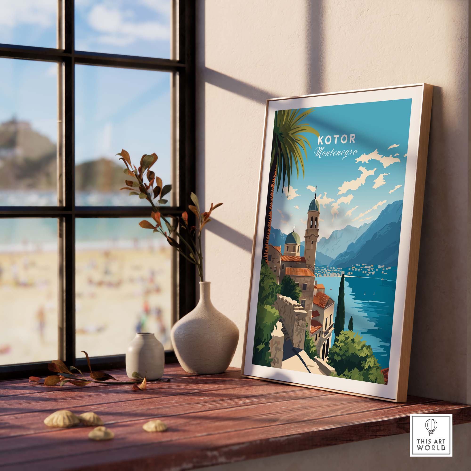 Kotor Montenegro travel poster print displayed on a table near a window with beach view, vibrant digital illustration.