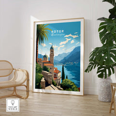 Vibrant Kotor Montenegro travel poster print displayed in a modern living room, showcasing coastal scenery and mountains.